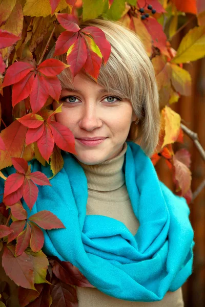 Retrato de outono uma linda jovem mulher loira de olhos grisalhos — Fotografia de Stock