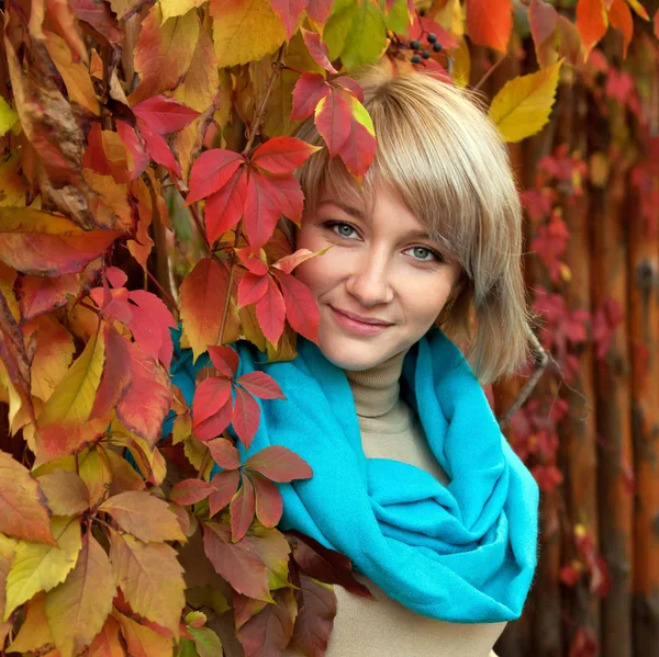 Portrait d'automne une belle jeune femme blonde aux yeux gris — Photo