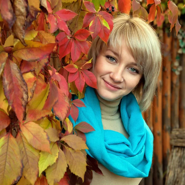 Herbst-Porträt einer schönen jungen grauäugigen blonden Frau — Stockfoto