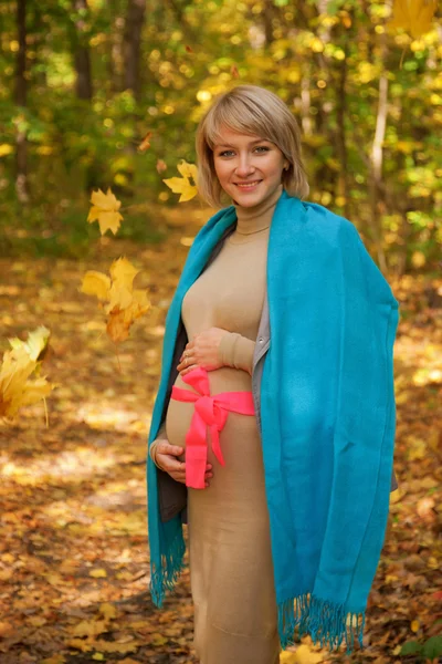 Moda mulher grávida sob as folhas de outono caindo — Fotografia de Stock