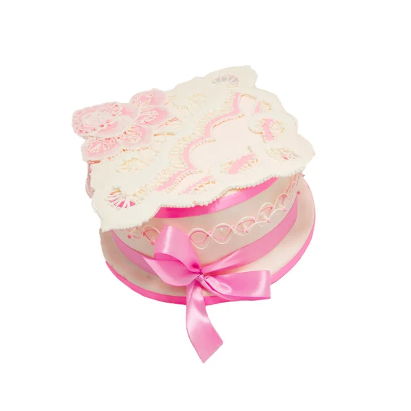 Biały i różowy tort ze wstążki i dekoracje z mastyksu — Zdjęcie stockowe