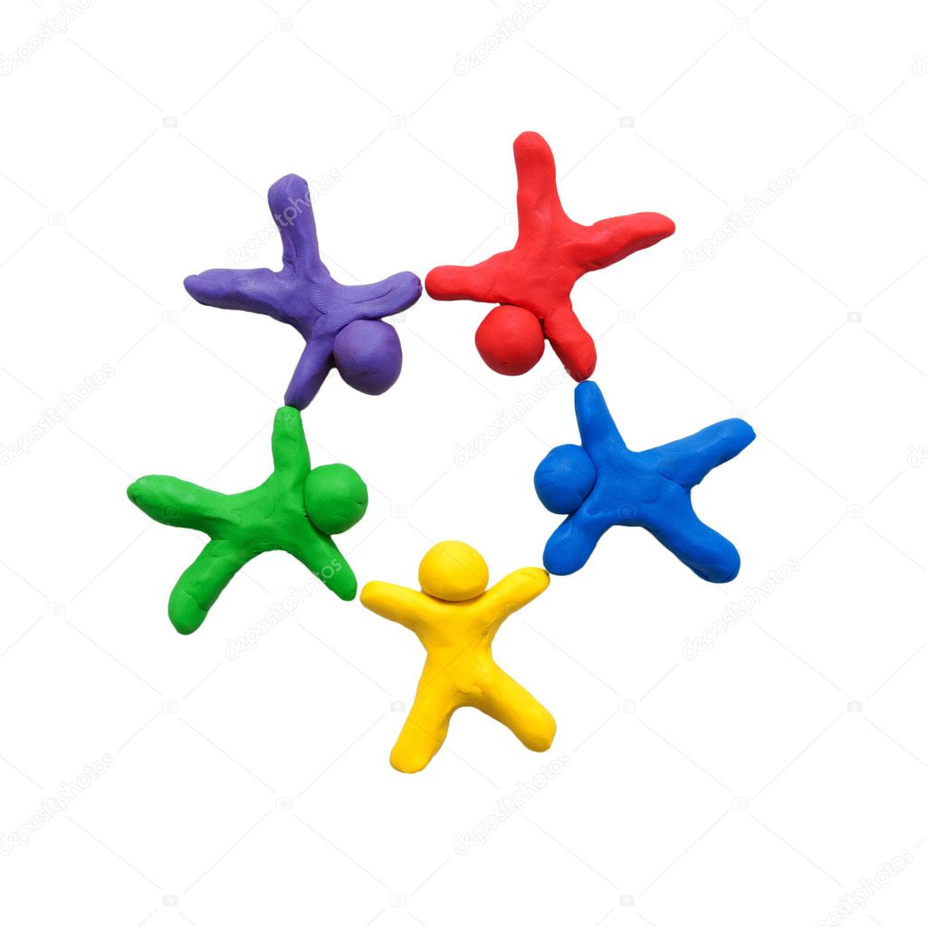 The concept of team work, made of colorful clay. Ready for your text or logo. The five figures in different colors holding hands, forming a circle. Ready for your text or logo. Isolated on white background