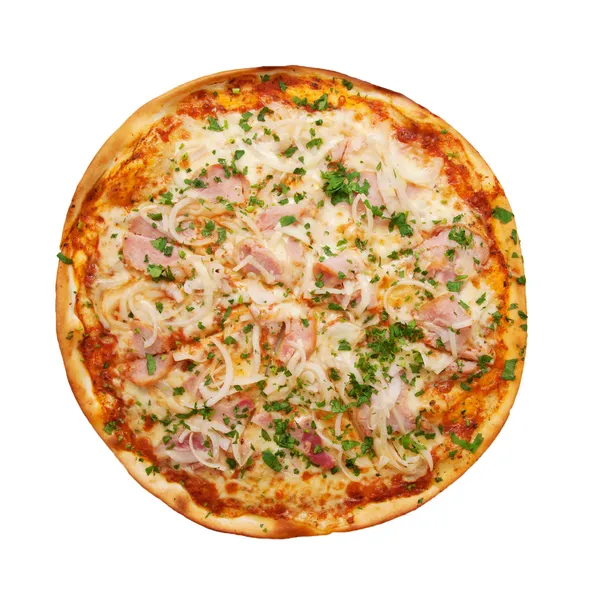 Pizza with ham, onions, cheese and herbs — Stock Photo, Image