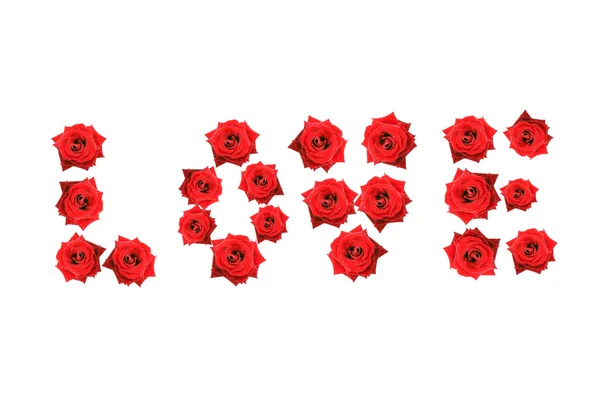 Het woord "love", geschreven door rode rozen met dauw druppels. — Stockfoto