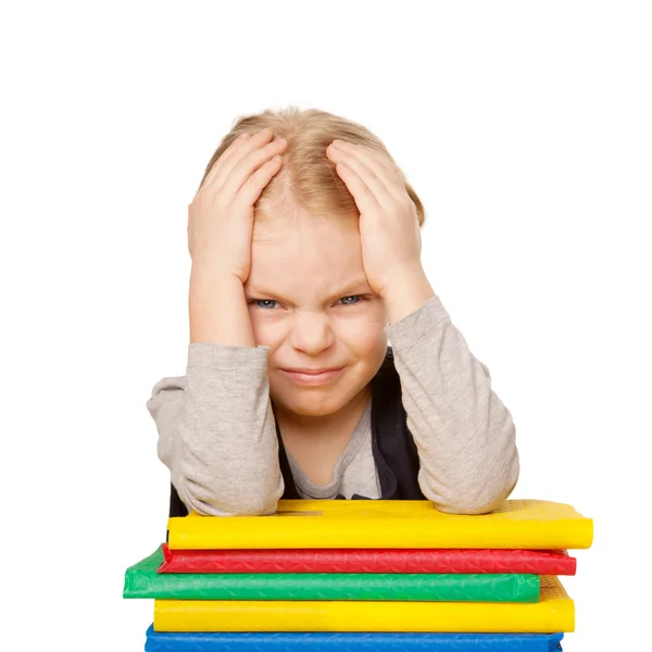 Little tired student girl with headache — Stock Photo, Image