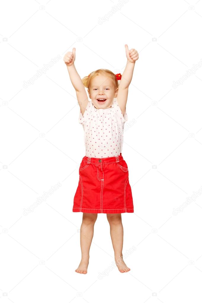 Baby girl showing thumbs up sign or OK symbol. Isolated on white background