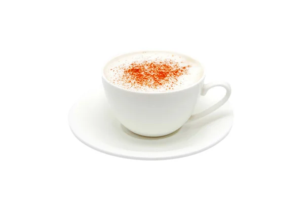 Cappuccino v bílé misce se strouhanou čokoládou. — Stock fotografie
