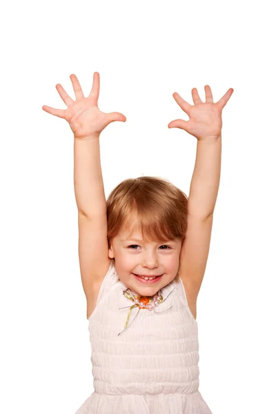 Happy little child raising hands up. Ready for your logo or symb Royalty Free Stock Photos