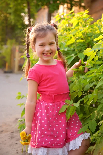 Petite fille avec des tresses dans le jardin — Photo