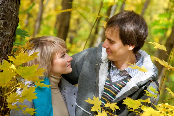 Liebendes junges Paar im Herbstwald — Stockfoto