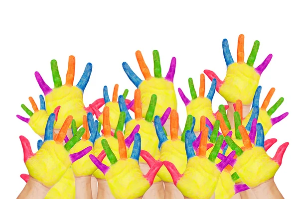 Terug naar school! kleurrijke verhoogde handen — Stockfoto