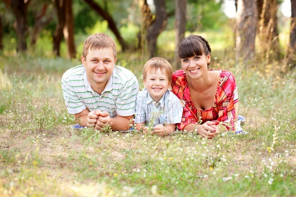 Vader, moeder en zoon op het gras. — Stockfoto