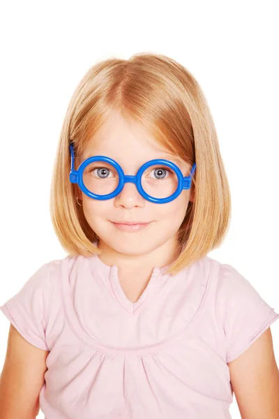 Smart little blue-eyed girl with glasses. — Stock Photo, Image