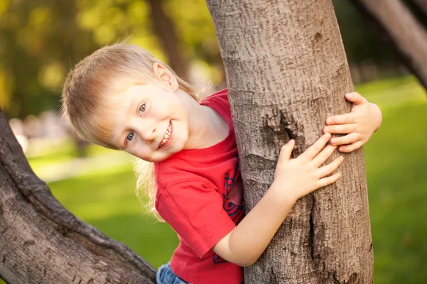 Lächelnder kleiner Junge umarmt Baum — Stockfoto