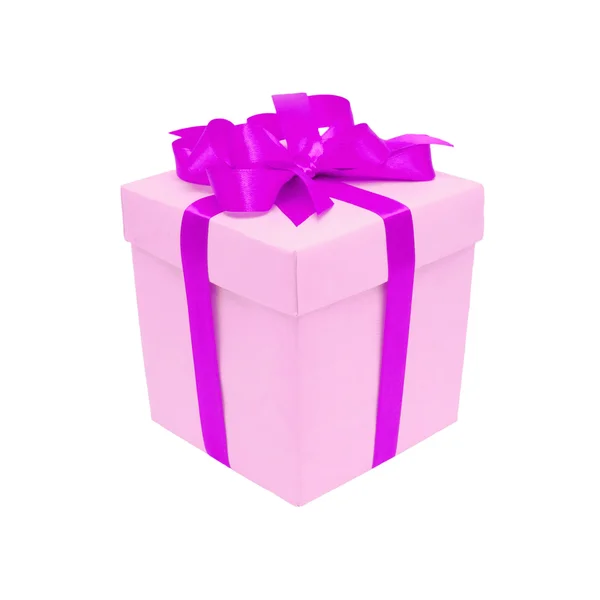 Geschenkbox mit lila Satinschleife. isoliert auf weiß — Stockfoto