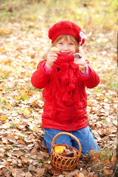 Happy smiling little girl picking mushroom — Stock Photo, Image