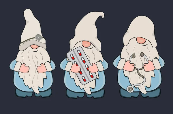 Doctor Gnomes Pills Tools Hands Vector Illustration — Stock Vector