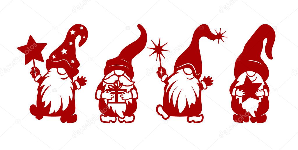 Dancing dwarfs stencils. Gnome with a gift, with a star and a gnome with a magic wand. Winter decorations. Objects for cutting.