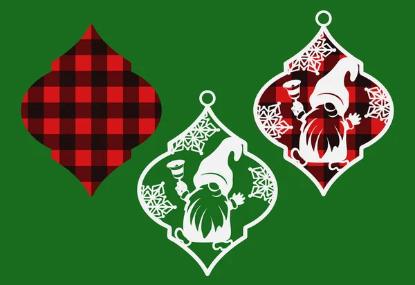 Applique Weihnachtsbaum Spielzeug Mit Rot Und Schwarz Kariert Und Weihnachtszwerg — Stockvektor