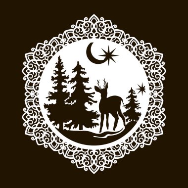 Kar tanesi şeklini almak için yılbaşı şablonu. Ormanda küçük bir geyik.