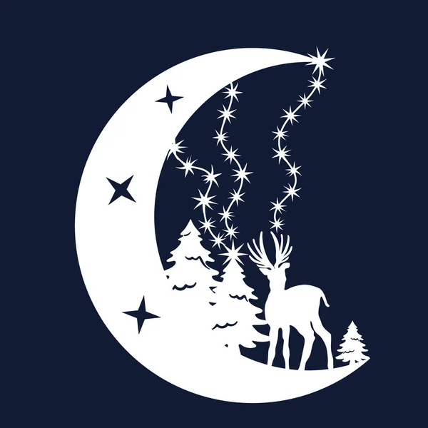 創造性とクリスマスの家の装飾のためのDiyステンシル 木々の間に星や鹿と月 — ストックベクタ