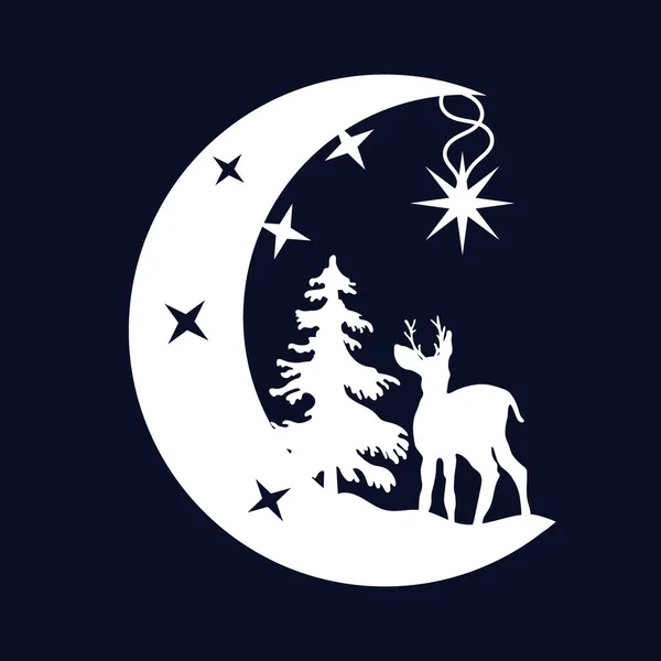 創造性とクリスマスの家の装飾のためのDiyステンシル 森の中の月と星と素晴らしい鹿 — ストックベクタ