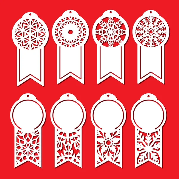 Set Geschnitzter Weihnachtsanhänger Form Von Medaillen Mit Durchbrochenen Schneeflocken Und — Stockvektor