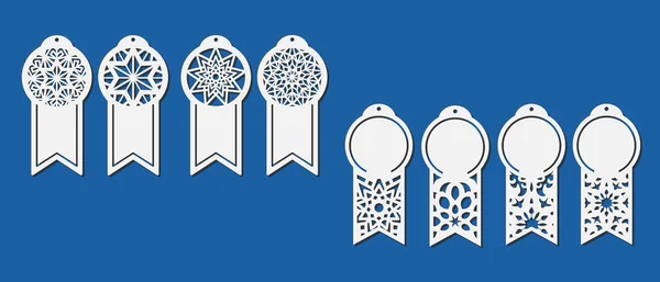 Set Etiquetas Navideñas Forma Medallas Con Copos Nieve Calados Tallados — Vector de stock