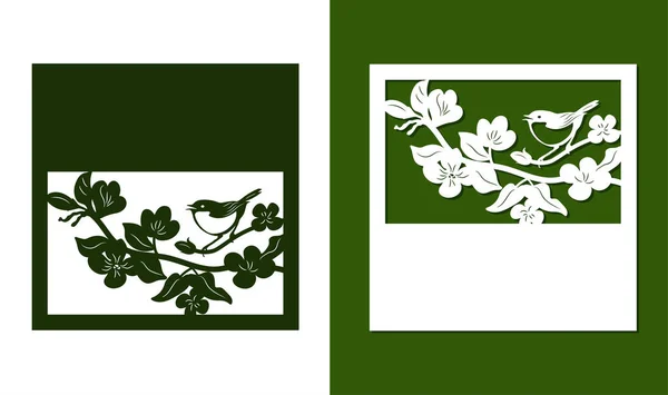 Zwei Quadratische Geschnitzte Rahmen Mit Blumen Und Einem Vogel Kann — Stockvektor