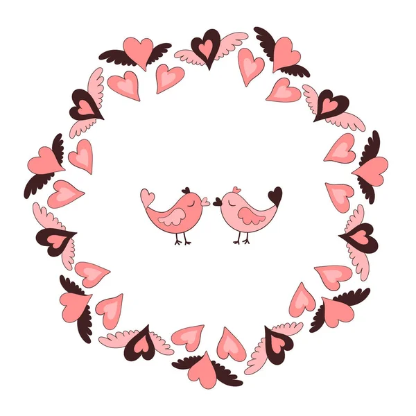 Frame Made Flying Hearts Center Two Lovers Kissing Birds — Vetor de Stock