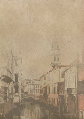 Antika format kağıt, A4 boyutunda, üzerinde köprü ve kulesi olan bir İtalyan caddesi çizimi var.