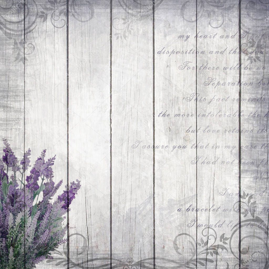 Digital background for scrapbooking or vintage paper with lavender flowers on gray boards.