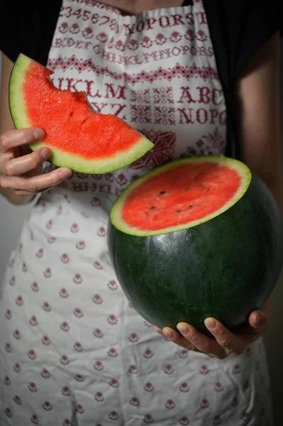 Woman Holding Slice Red Watermelon Studio — Stockfoto