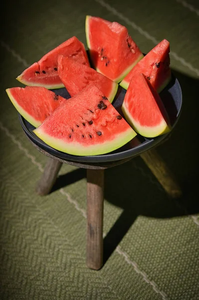 Sliced Watermelon Plate Old Chair Natural Light — Stockfoto