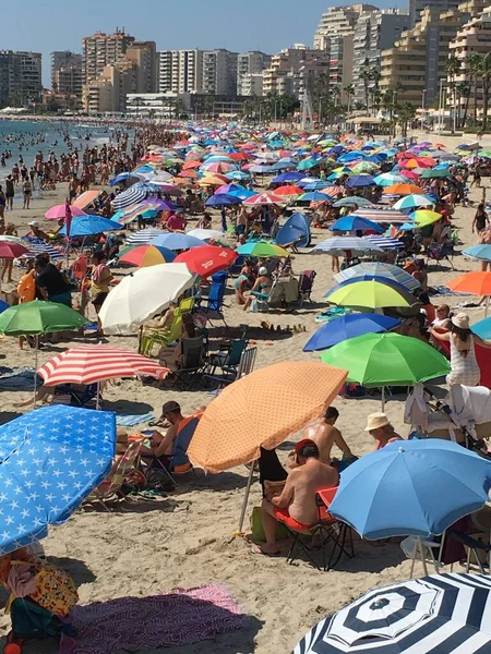 Calpe Alicantespain 2022 Beach Full Colored Umbrellas Block Sun People — 스톡 사진