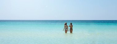 Açık denizde güneşli bir gökyüzüne karşı yüzen iki güzel, dost canlısı kadının arka manzaralı yatay bayrak ya da başlık. Tatil kavramı.