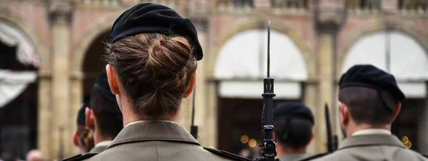 Horizontal Banner Header Uniformed Women Standing Military Ceremony Bologna Italy — Stock Photo, Image