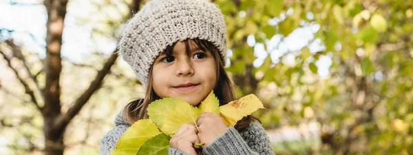 黄色のカエデの葉を手に持つかわいい女の子と水平方向のバナーやヘッダー自然公園での葉の時間の間に 地球のための子供と活動家の概念 — ストック写真