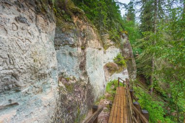 Letonya 'da Gauja nehrinin kıyısındaki Sietiniezis' in kumtaşı kayalıkları