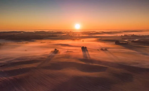 Amazing Sunrise Light Above Misty Landscape. Scenic View Of Foggy Morning In Misty Forest Park Woods. Summer Nature Of Eastern Europe. Sunset Dramatic Sunray Light Sunbeam. — Stock Photo, Image