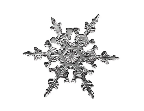 Biały płatek śniegu odizolowany na czarnym tle. Ilustracja na podstawie makro zdjęcia prawdziwego kryształu śniegu: elegancka płyta gwiezdna z krótkimi, szerokimi ramionami, błyszczącą powierzchnią reliefu i złożonymi detalami wewnętrznymi. — Zdjęcie stockowe