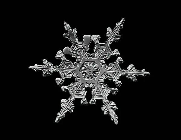 黒い背景に白い雪の結晶が孤立している。雪の結晶のマクロ写真に基づくイラスト:短い、広い腕を持つエレガントなスタープレート、光沢のあるレリーフ表面と複雑な内側の詳細. — ストック写真