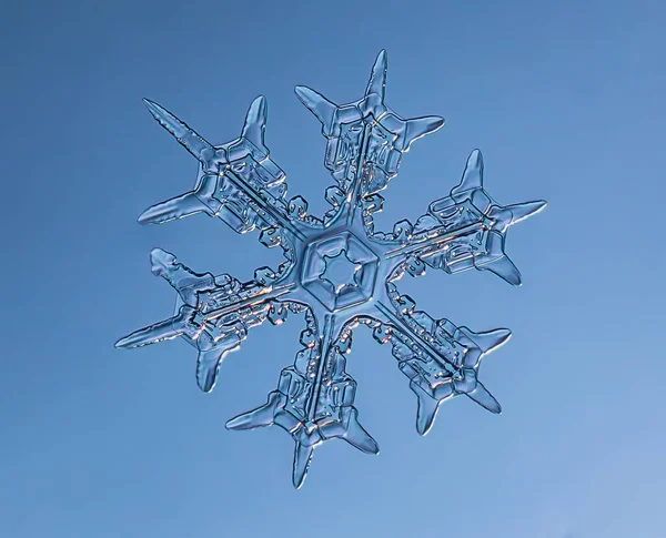 Floco de neve sobre fundo suave gradiente. Macro foto de cristal de neve real na superfície de vidro. Este é pequeno floco de neve com padrão incomum. — Fotografia de Stock