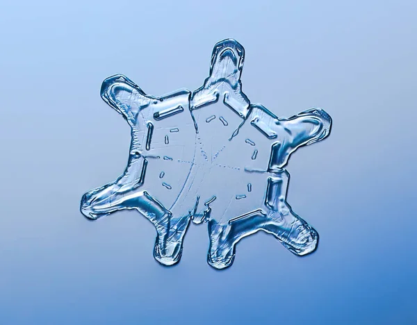 Сніжинка на гладкому градієнтному фоні. Макро фото реального снігового кристалу на скляній поверхні. Це невеликий сніжинка з незвичайним візерунком . — стокове фото