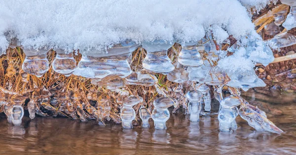 Tree branches with icicles over the water in the river. Natural landscape. Winter. Background image. — Fotografia de Stock