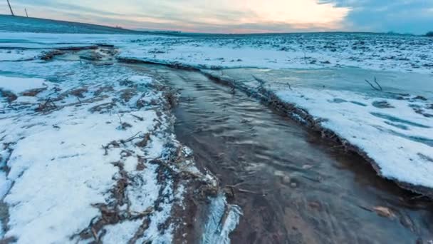 Ruisseau printanier qui coule dans le champ avec de la neige fondante et de la glace. Paysage au début du printemps avec cours d'eau à travers les prairies, fonte des neiges — Video