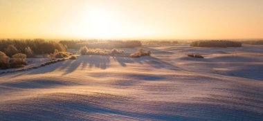 Winter aerial panorama with wavy meadows covered in snow, early morning light