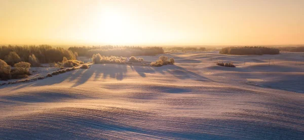 Vinter antenn panorama med vågiga ängar täckta av snö, tidig morgon ljus — Stockfoto