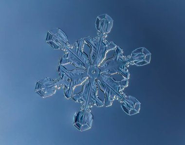 Yumuşak arkaplanda kar taneleri. Cam yüzeydeki gerçek kar kristalinin makro fotoğrafı. Bu sıra dışı desenli küçük bir kar tanesi..