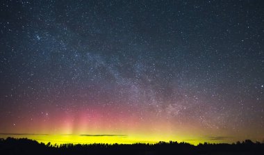Samanyolu ve kuzey ışıkları Ormanın üzerinde Aurora borealis
